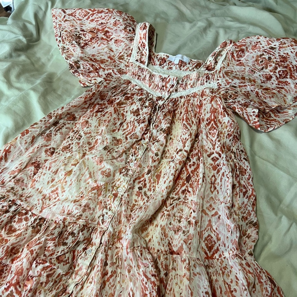 Olivaceous pink tiered dress with lace trim
